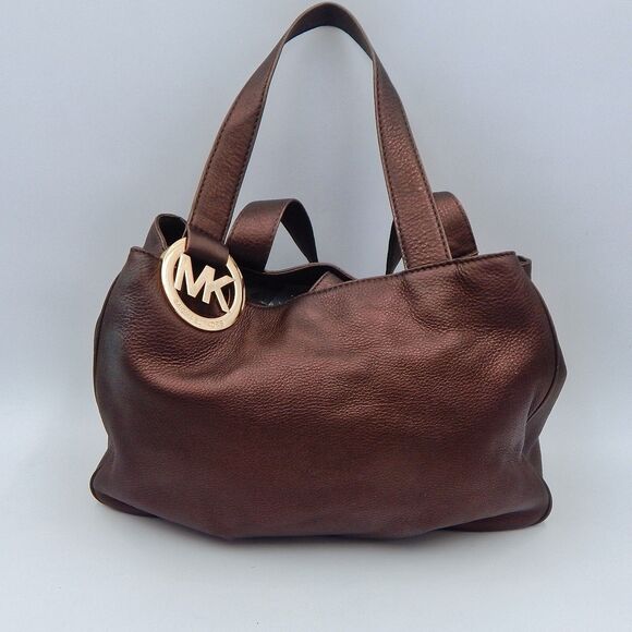 Michael Kors Fulton East West Bronze Pebbled Leather Tote Divided Pocket Handbag - Picture 1 of 16